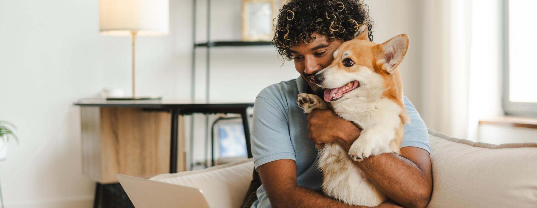 a man and a dog on a couch with a laptop
