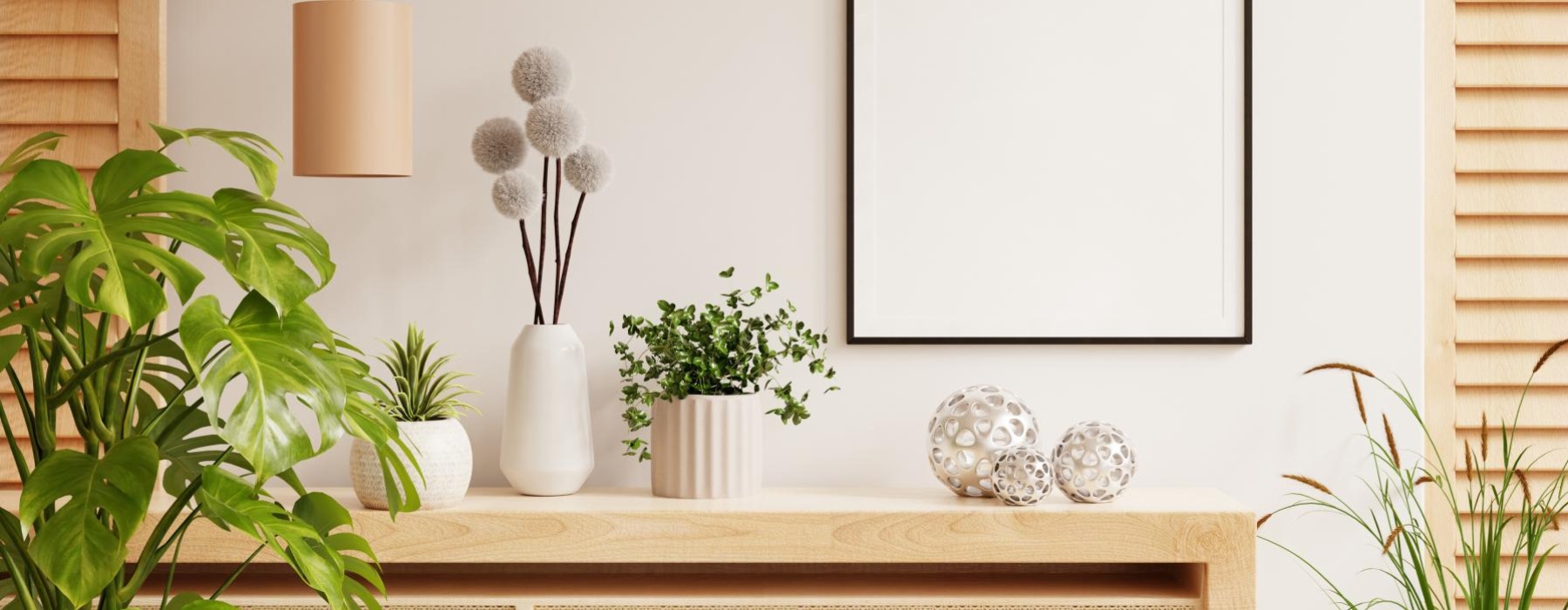 a room with plants in vases on a floating shelf